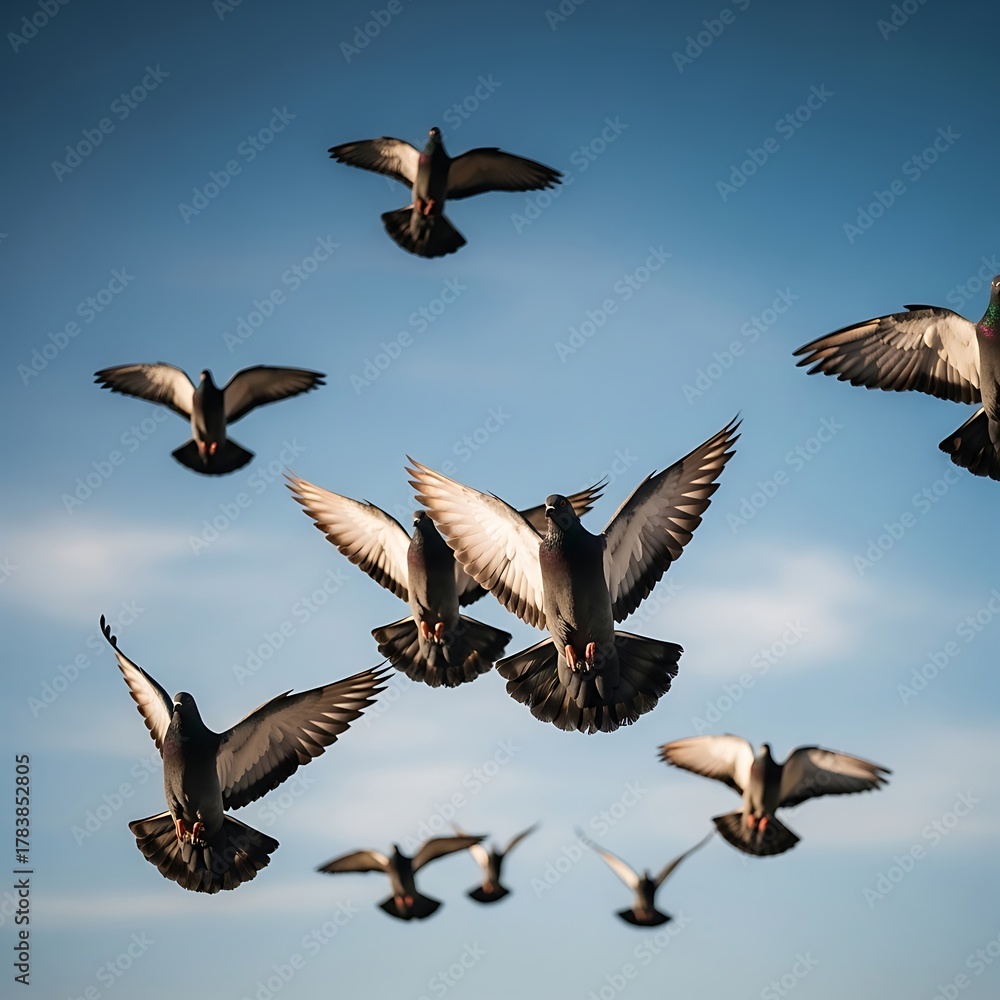 Obraz premium Pigeons Flying Against Blue Sky: Birds in Flight, Group of Flying Pigeons, Freedom Concept, Wildlife in Urban Setting, Bird Migration, Birds Soaring, Against Blue Backdrop