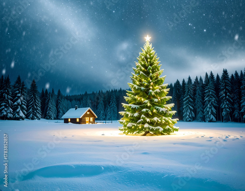 Forest Cabin and Golden Tree in a Peaceful Scene