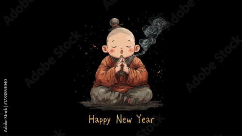 Cute meditating monk with incense smoke and Happy New Year text on black background, symbolic Mahayana New Year vector celebrating peace, mindfulness, and spiritual renewal.