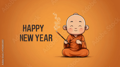 Smiling monk holding incense stick with “Happy New Year” text on orange background, joyful Mahayana New Year vector illustration symbolizing mindfulness, happiness, and inner peace.