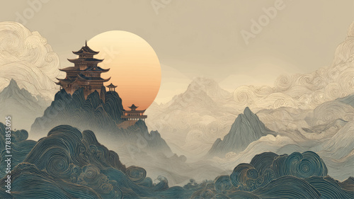 Elegant temple on misty mountain at sunrise surrounded by swirling clouds, peaceful vector illustration celebrating Mahayana New Year, mindfulness, spirituality, and enlightenment.