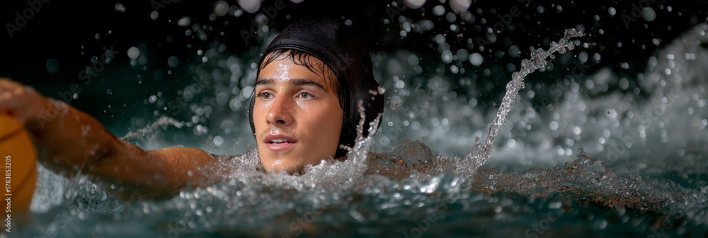 Fototapeta premium A water polo player skillfully swims and competes in a dynamic scene, showcasing athleticism and determination in a splash of water emphasizing the intensity of the sport.