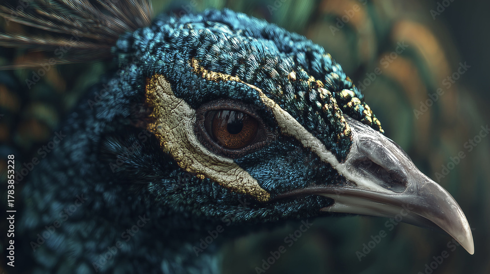 Obraz premium A close‑up shows a peacock’s vibrant feathers in blue and green. Intricate eye patterns highlight its beauty and uniqueness. The image emphasizes peacock, feathers, and beauty.