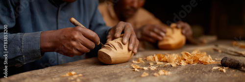 Two craftsmen skillfully carving wooden masks in a rustic workshop filled with shavings, embodying the dedication and artistry involved in traditional woodworking.