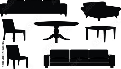 Furniture silhouettes, sofa, armchair, dining chair, round table, square table, black vector icons, modern home interior, office design illustration