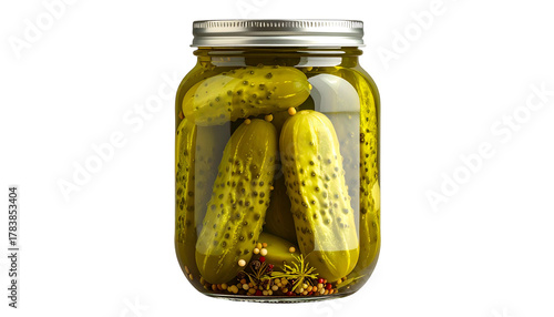 Close-up of pickles in a glass jar submerged in brine, metal lid, isolated on black
