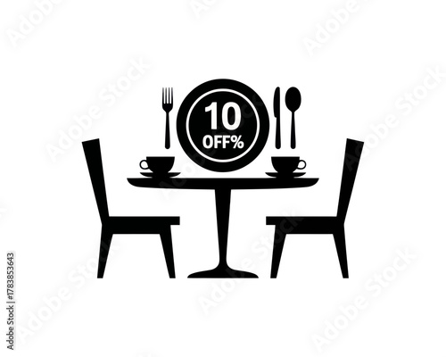 Dining table with two chairs and place setting featuring ten percent off discount promotion offer