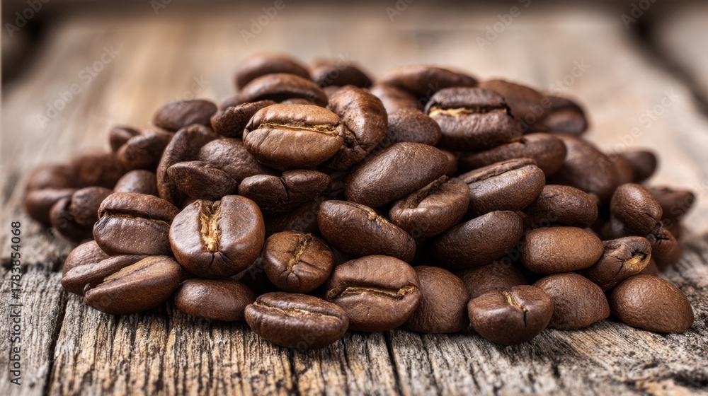 Naklejka premium A generous heap of rich brown coffee beans rests on a weathered wooden table exuding warmth.