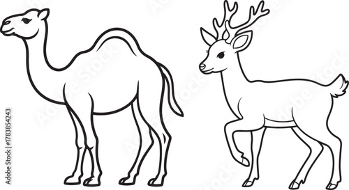 Whimsical outline drawing of a dromedary camel standing next to a reindeer with antlers on a white background