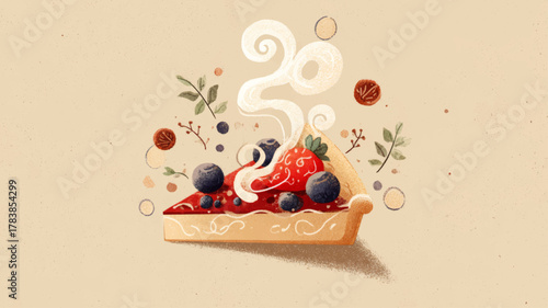 Warm slice of homemade berry pie with strawberries and blueberries steaming gently, cozy beige vector illustration celebrating National Pie Day and the joy of comforting homemade desserts.