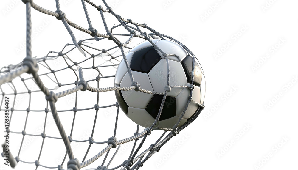 Naklejka premium A soccer ball, with black and white panels, nestles in the netting of a goal
