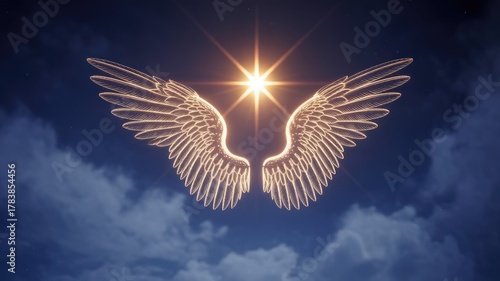 Glowing golden wings spread beneath a radiant star against a mystical dark sky, symbolizing divine hope, freedom, and spiritual ascension.