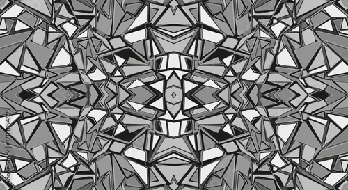 Abstract geometric pattern with triangles and polygons in grayscale.
