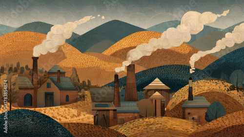 Charming countryside bakery scene with smoke chimneys among golden hills, warm nostalgic vector landscape honoring National Pie Day and the heritage of traditional handmade baking.