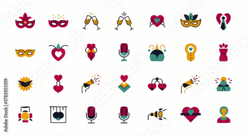 This diverse assortment of flat design icons beautifully illustrates themes of romance, celebration, and entertainment, suitable for modern digital projects.