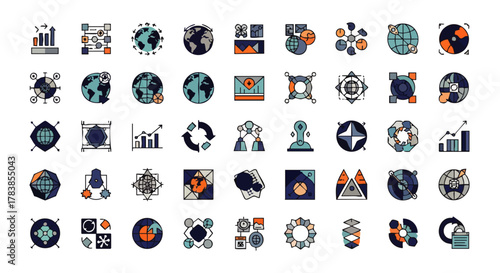 A comprehensive collection of modern flat design icons illustrating global communication, data analytics, business strategy, and technological connectivity for digital projects.