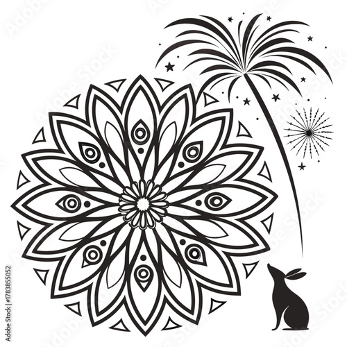Silhouette of Rabbit Looking Up at Fireworks and Mandala Design bunny