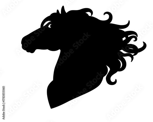 Horse head with a long, lush mane, animal portrait - vector silhouette image for a logo, pictogram, or stencil. Stallion with a long, curly mane, horse head.