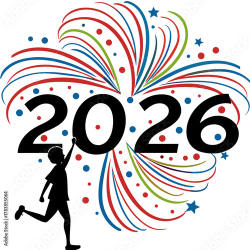 Child reaching for the year 2026 amidst colorful fireworks display silhouette