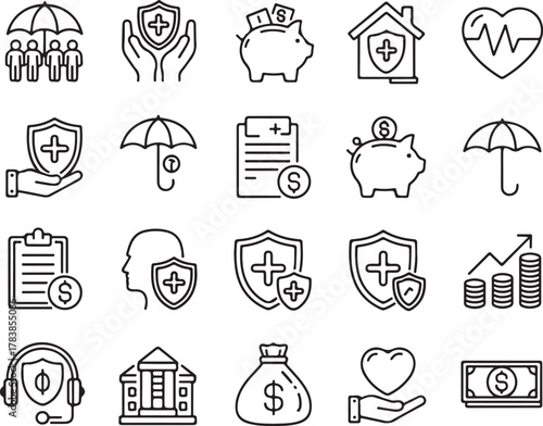 Collection of insurance and financial security icons representing protection savings health and investment concepts in a clean outline style