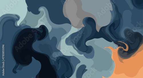 Abstract fluid art with swirling blues, grays, and a touch of orange, creating a dynamic and visually appealing composition.