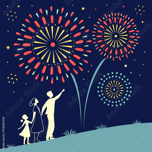 Family watching colorful fireworks in a starry night sky silhouettes celebration