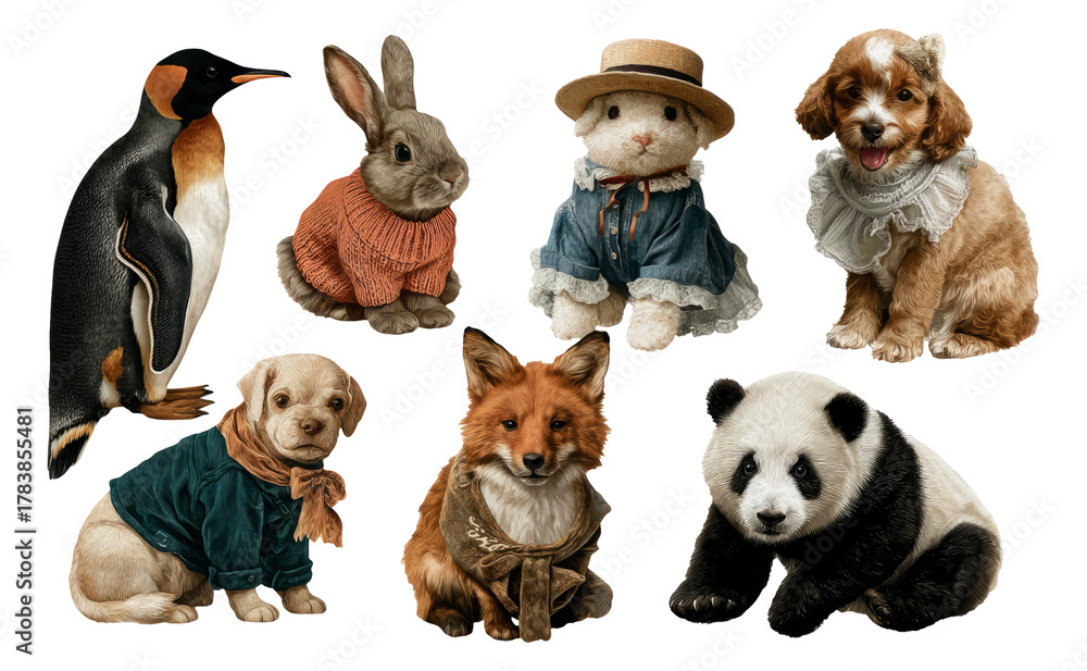 Fototapeta premium Vintage Animal Illustrations Featuring Diverse Species in Charming Outfits