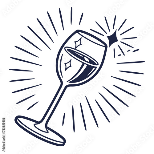 Stylized Wine Glass with Sparkles and Sunburst Effect drink beverage