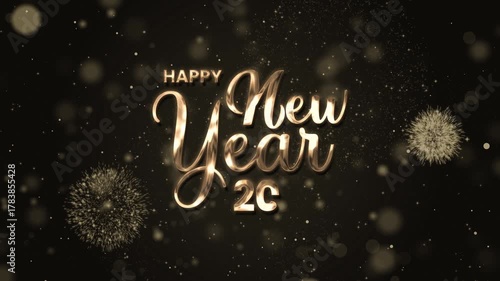 Happy new year 2026 celebration with gold text sparkles and fireworks, ideal for social media posts, greeting cards, and festive designs. happy new year 2026 lettering animation with vertical video