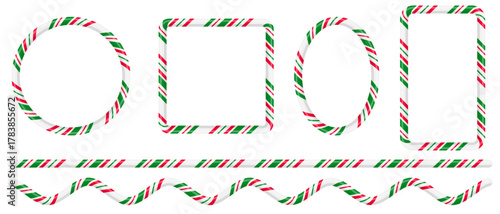 Set of candy cane borders in the shape of square, circle and oval. Vector Christmas candy frames. Striped candy lollipop pattern brush.	
