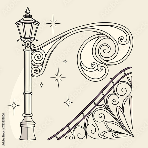 Ornate vintage street lamp and railing with decorative swirls vector illustration