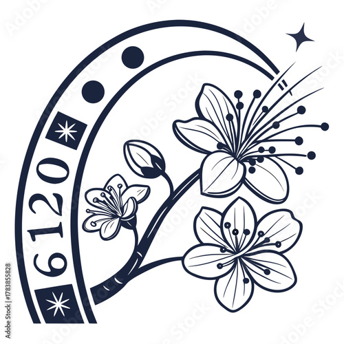 2019 Cherry Blossoms and Crescent Moon Outline Design Keywords: 2019, cherry blossom, sakura