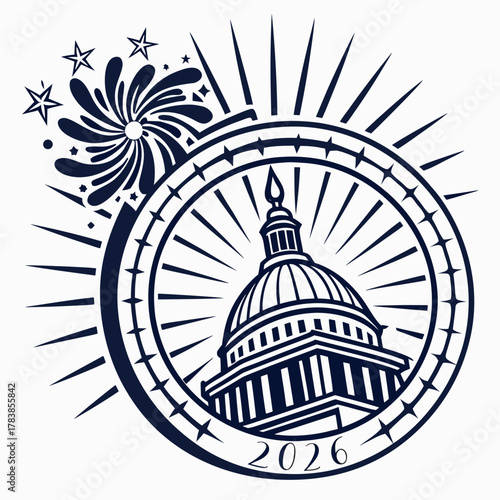 2026 US Capitol Building with Fireworks and Rays Outline Keywords: 2026, US Capitol, Capitol