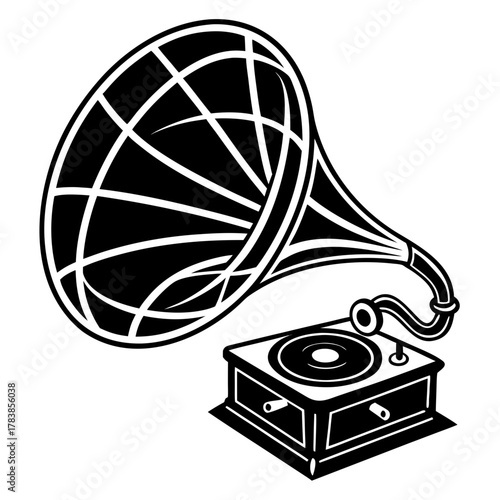 Black and white illustration of an antique gramophone with a large horn phonograph