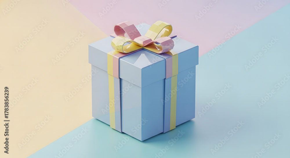 Obraz premium Isometric 3D rendering of a charming blue gift box with a colorful bow, symbolizing a surprise on a soft geometric pastel background
