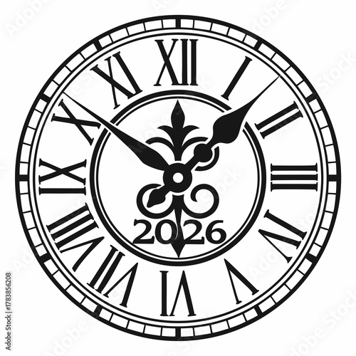 Vintage Clock Face with Roman Numerals and Year 2026 outline