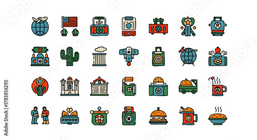 A charming collection of retro-style pixel art icons depicting diverse American travel, food, and cultural symbols, ideal for web design and infographics.