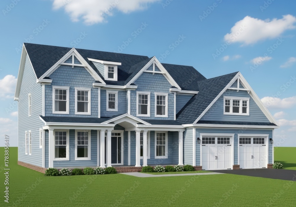 Obraz premium Large blue two story house with attached garage