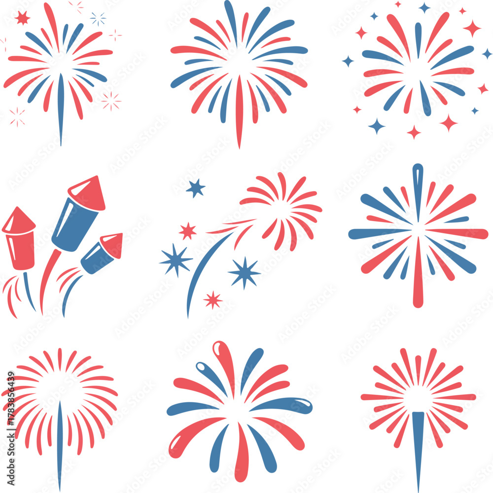 Fototapeta premium Vibrant red white and blue fireworks celebration illustrations