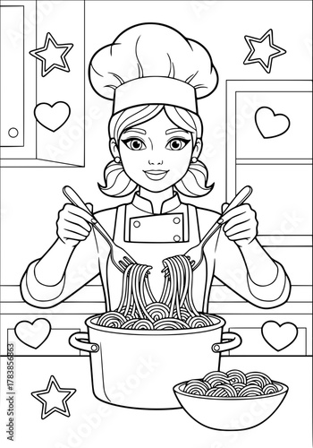 the young cook made pasta. coloring book