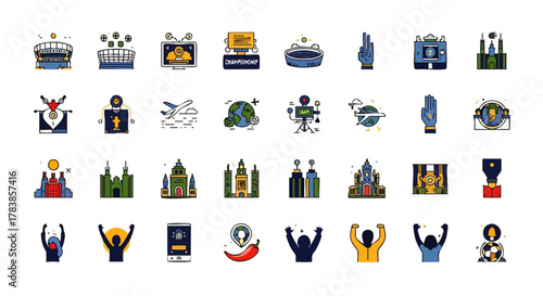 A versatile collection of flat outline icons, depicting various concepts like awards, architecture, technology, and human interaction for digital design.