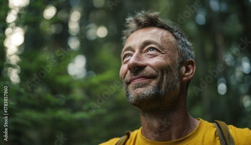 Contemplative man in nature, looking up with a serene expression.