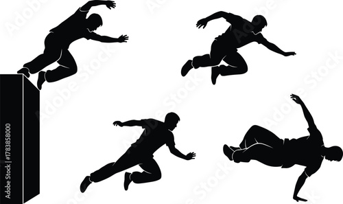 Parkour athletes silhouette, urban free running vector illustration, jumping climbing rolling action design, extreme sports movement art, agility fitness icons set