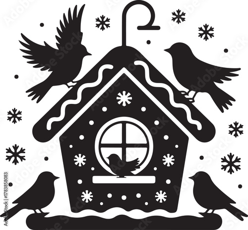 Whimsical gingerbread house bird feeder with birds and snowflakes illustration