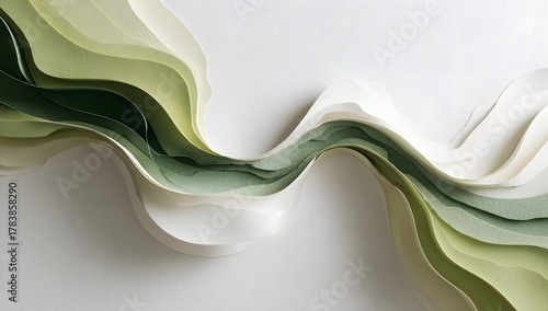 Green and white paper cut art featuring layered waves of organic shapes creating an abstract and serene texture