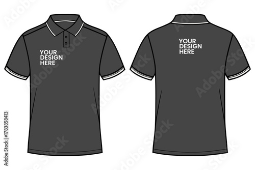 Black polo shirt vector illustration front and back view plain collar t shirt template short sleeve apparel fashion design mockup for branding uniform clothing concept