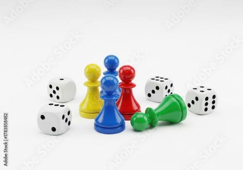 Colorful game pawns and dice isolated on off white background