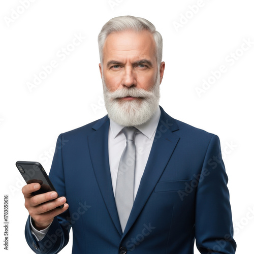 Distinguished mature gentleman in a sharp suit holding a modern smartphone with a white beard isolated on transparent background