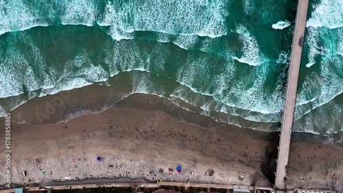 Aerial nature top down of boardwalk and beach summer day southern La Jolla San Diego California CA