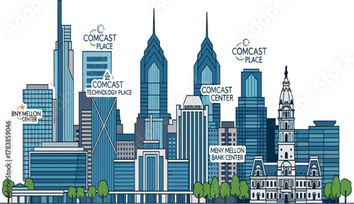 Philadelphia skyline illustration, cityscape vector, Comcast Center, BNY Mellon buildings, modern skyscrapers, historic City Hall, urban architecture artwork, metropolitan design concept